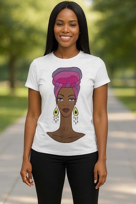 T-shirt à message : t-shirt pour femme à imprimé africain avec turban et foulard - Blanc