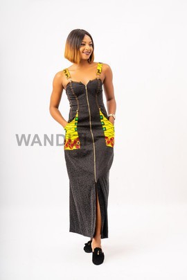 Denim Dungaree Dress with Ankara Patch Pockets, Denims with Ankara Patchwork, Long Jeans Dress