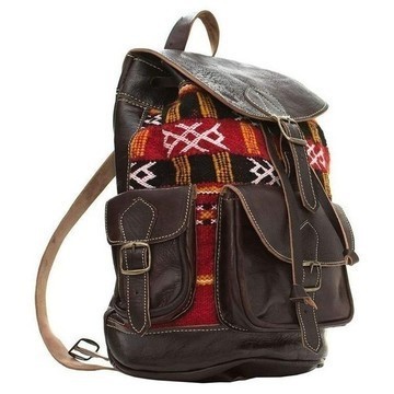 BIG SALE! Genuine Leather Backpack with Red Kilim Handmade by Cuiroma Craftsmen in Morocco