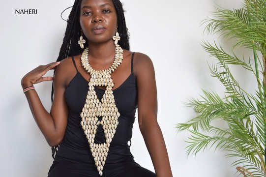 African long necklace cowrie shells and beads