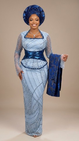 Powder Blue Hand-Beaded Lace Set with Deep Blue Metallic Accents