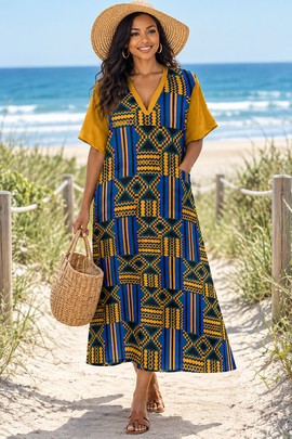Tribal Kente Women's Loose V-Neck Midi Dress | African-Inspired Womenswear | Bynelo
