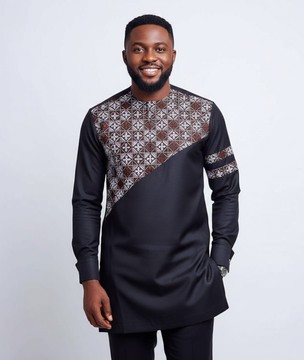 Men's Black Tunic Suit Set with Brown Geometric Ankara Print