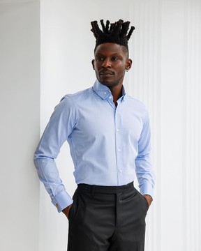 A Navy blue, herringbone high &amp; slant collar business shirt.
