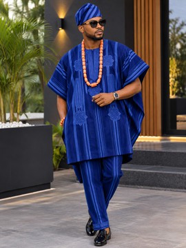 Ensemble 3 pièces en aso-oke bleu roi pour homme – Haut chauve-souris brodé, pantalon et casquette