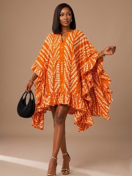 Robe mini caftan volantée en batik tie-dye orange éclatant