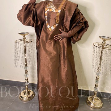 African Boubou Dress for Women "Nafyssa" Chocolate in Shantung Fabric — With Scarf