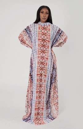 Tie-dye Multicolor Chiffon Sheer Mockneck Kaftan Dress