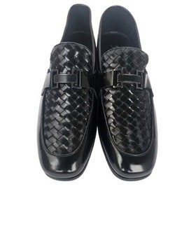 Black Woven Slip-On Loafers with Silver Buckle