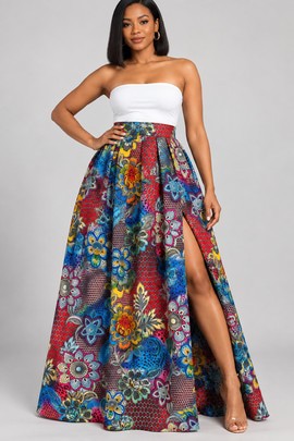 Long, high-waisted wax print skirt –