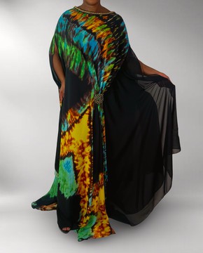 Black Multicolor Sheer Chiffon Flowy Maxi Dress with Beaded Neckline