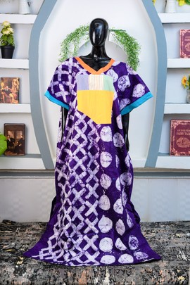 African Batik Adire boubou Maxi dress (Purple/orange/blue)