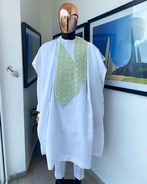 A White, Mint Green coordinated circle embroidery agbada