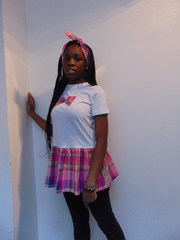 Tee-shirt customisé TUNIQUE-ROBE Fait Main Madras avec Bandeau assorti