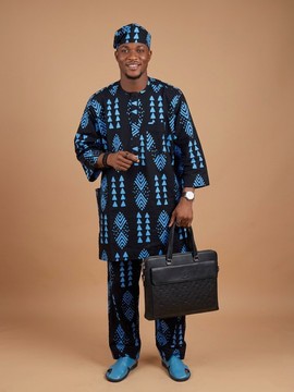 Black and Sky Blue Printed Men's Traditional Dashiki Set With Cap