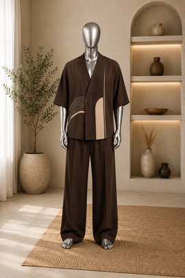Ensemble pour homme avec haut cache-cœur à col kimono et pantalon à jambes larges – Imprimé abstrait marron, tenue 2 pièces