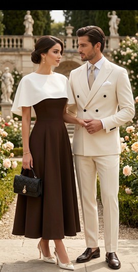White Cape Dress &amp; Ivory Double-Breasted Suit — A Couple's Story in Chocolate &amp; Cream