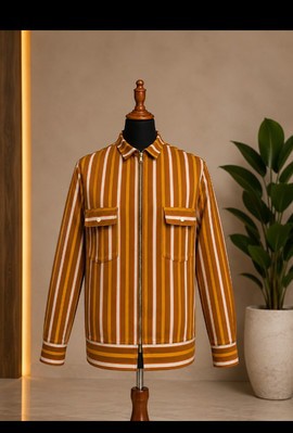 Men's Mustard &amp; Brown Striped Aso Oke Jacket – Handwoven Nigerian Zip-Up Trucker Jacket