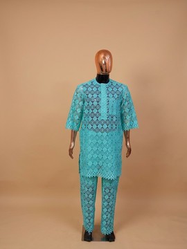 Costume sénateur en dentelle bleu turquoise pour homme africain
