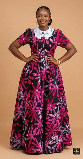 Ankara Flare Maxi Dress with Guipure Lace Collar|Garden parties|Brunch dates