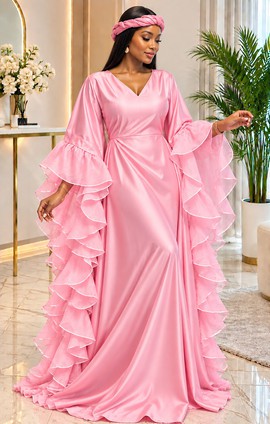 Robe caftan de luxe en satin rose | Robe longue élégante à manches volantées