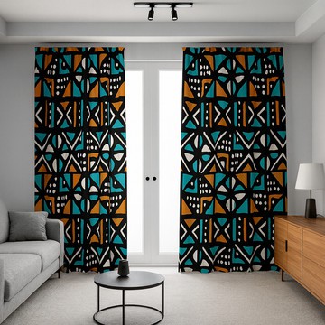 Green Turquoise Curtains Blackout Mudcloth Print (Two Piece) LARGER SIZES AVAILABLE