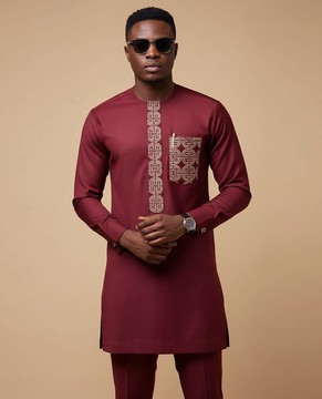 Burgundy Dashiki, Men Kaftan, gold embroidered African wear, tunic set, wedding/engagement attire.
