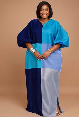 Long Color-Block Balloon Sleeve Maxi Dress