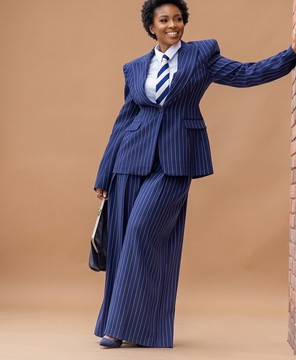 Navy Pinstripe Tailored Power Suit Set – Women's 2-pieces Blazer, Wide-Leg Trousers,l