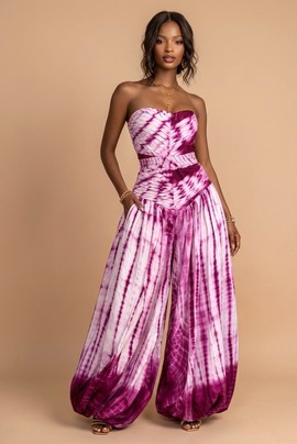 Plum Tie-Dye Strapless Jumpsuit — Smocked Waist &amp; Voluminous Palazzo Legs