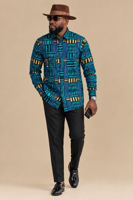 Men’s African Print Long Sleeve Shirt | Geometric Batik Button-Up Shirt