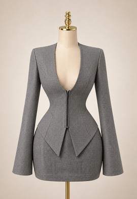 Ensemble blazer péplum gris à micro-carreaux avec encolure en V et fermeture éclair sur le devant, et mini-jupe pour femme