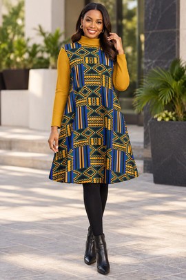 Tribal Kente Women's Long Sleeve Turtleneck Tunic Dress | African Print Fashion | Bynelo