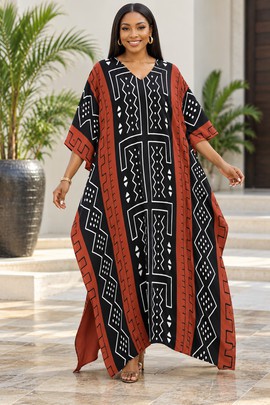 Robe midi à col en V et manches courtes pour femme en imprimé africain | Robe midi en imprimé africain | Bynelo
