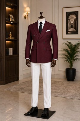 Ensemble blazer croisé à fines rayures bordeaux pour homme et pantalon blanc