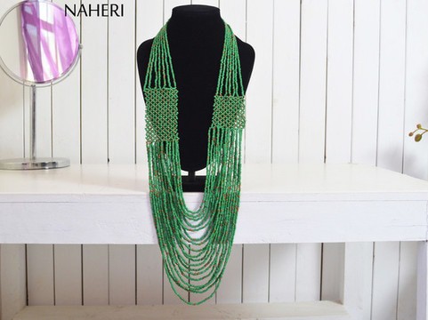 African beaded scarf necklace | African tribal handmade jewelry | Green jewellery