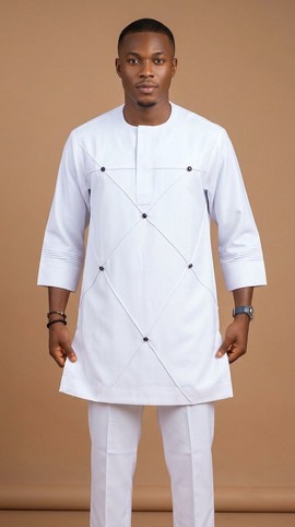 Pure White Diamond Geometric Senator Wear – Men's 2-Piece Mid-Sleeve Tunic and Trousers