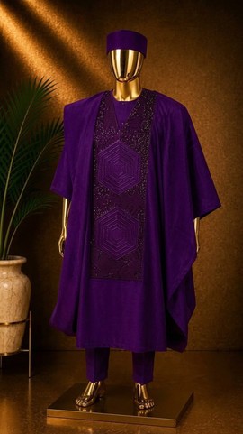 Ensemble Agbada violet royal pour homme – Tenue de luxe africaine pour marié et mariage