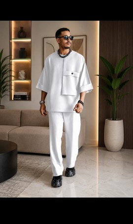 Men's White Oversized Cargo Pocket Shirt and Trouser Set – Two-Piece Streetwear Set