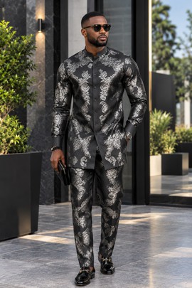 Ensemble sénateur brodé noir et argent pour homme – Chemise à col Mao et pantalon deux pièces
