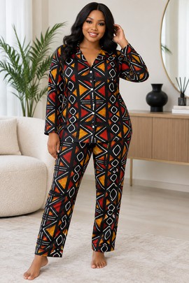 Ensemble de pyjama en satin pour femme à imprimé bogolan traditionnel | Vêtement de nuit à imprimé africain | Bynelo