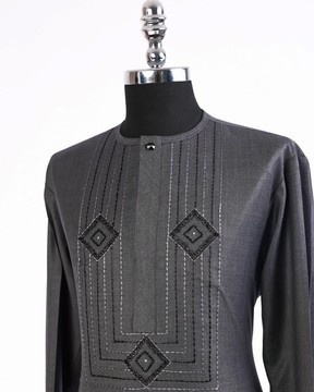 A Shadow Grey, front flap with connected cube, black Swarovski button and stones detailing kaftan