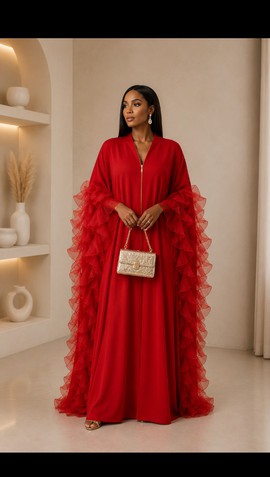 Robe maxi kaftan rouge avec manches cape en tulle volantées – Robe de soirée pour femme à fermeture éclair sur le devant