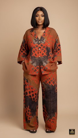Ensemble deux pièces en adire avec chemise boutonnée et pantalon palazzo