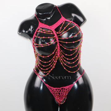 Robe De Nuit Lingerie Tricotée Et Perlée à La Main - Taille Unique, Noir, Artisanale Sénégal - Neuf Avec étiquettes