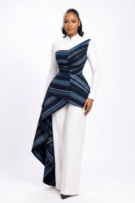 Ensemble deux pièces pour femme : haut cascade à rayures et pantalon palazzo | Tenue de luxe pour les grandes occasions
