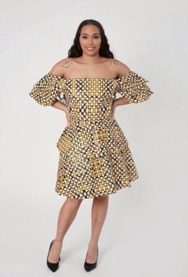 African Print Ankara Yellow Multicolor Off Shoulder Ruffle Statement Sleeve Mini Dress