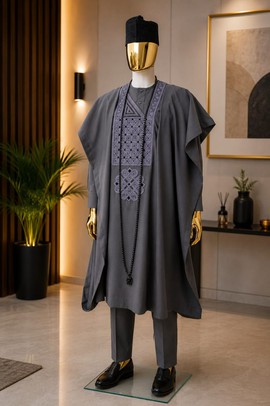 Men's Luxury Charcoal Grey Agbada  &amp; Matching Trouser