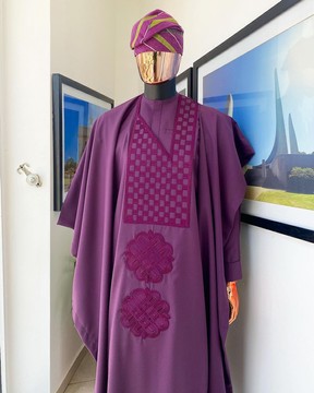 An Egg plant purple, Square &amp; empty interwoven embroidery agbada