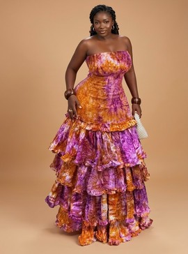 Robe longue à motifs bleus et marrons
